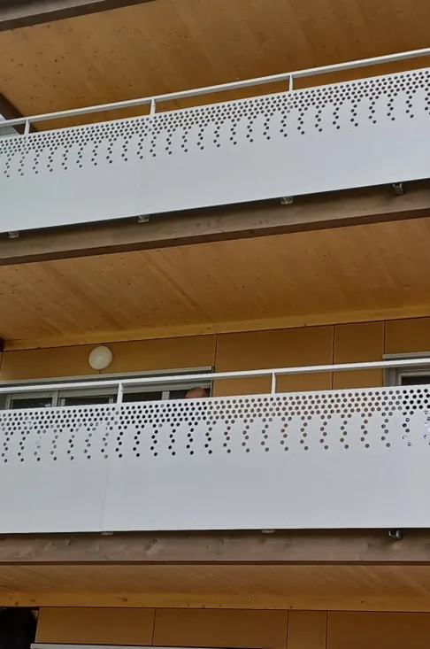 Perforated-sheet railing detail with gradient pattern, Lyon (Vinci)